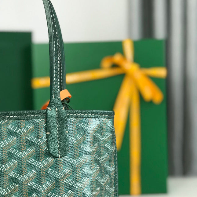 ANJOU MINI BAG 20 IN GREEN CALFSKIN AND GOYARDINE CANVAS