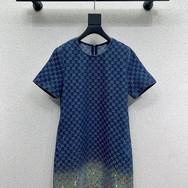 GG Blue Monogram Crystal Embellished Mini Dress