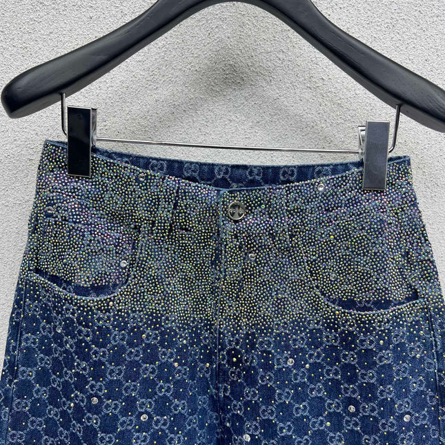 GG Blue Monogram Crystal Embellished Jean