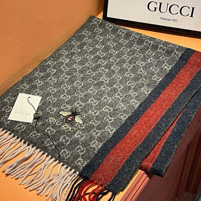 SCARF 180 CM IN BLACK CASHMERE WITH BEE PATTERN 396473