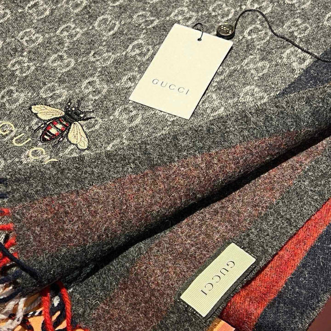 SCARF 180 CM IN BLACK CASHMERE WITH BEE PATTERN 396473
