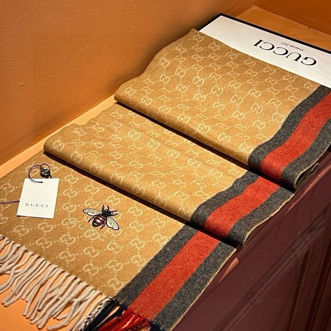 SCARF 180 CM IN COPPER BROWN CASHMERE WITH BEE PATTERN 396474