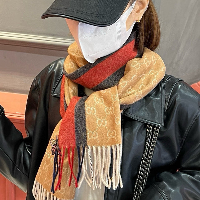 SCARF 180 CM IN COPPER BROWN CASHMERE WITH BEE PATTERN 396474