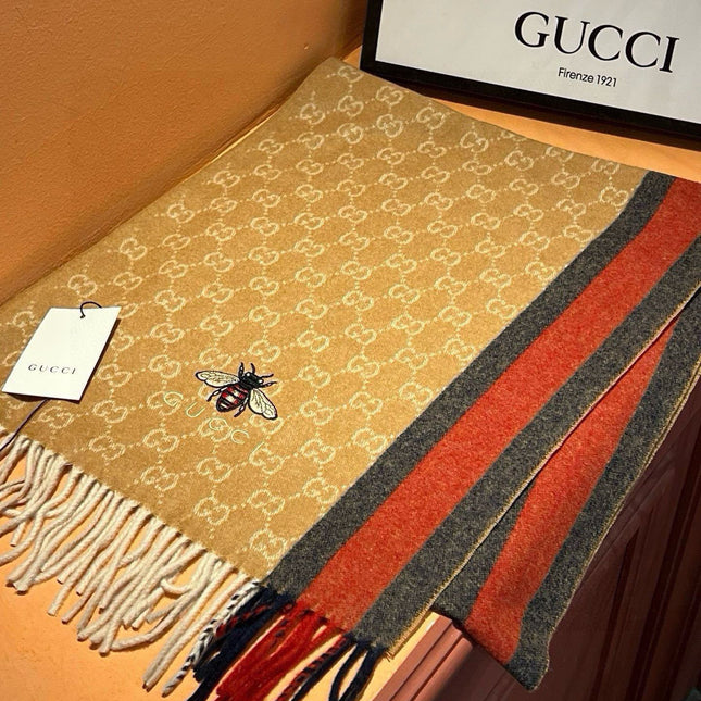 SCARF 180 CM IN COPPER BROWN CASHMERE WITH BEE PATTERN 396474