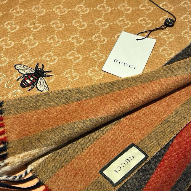 SCARF 180 CM IN COPPER BROWN CASHMERE WITH BEE PATTERN 396474