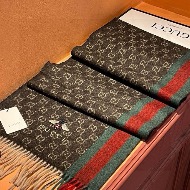 SCARF 180 CM IN CAROB BROWN CASHMERE WITH BEE PATTERN 396475