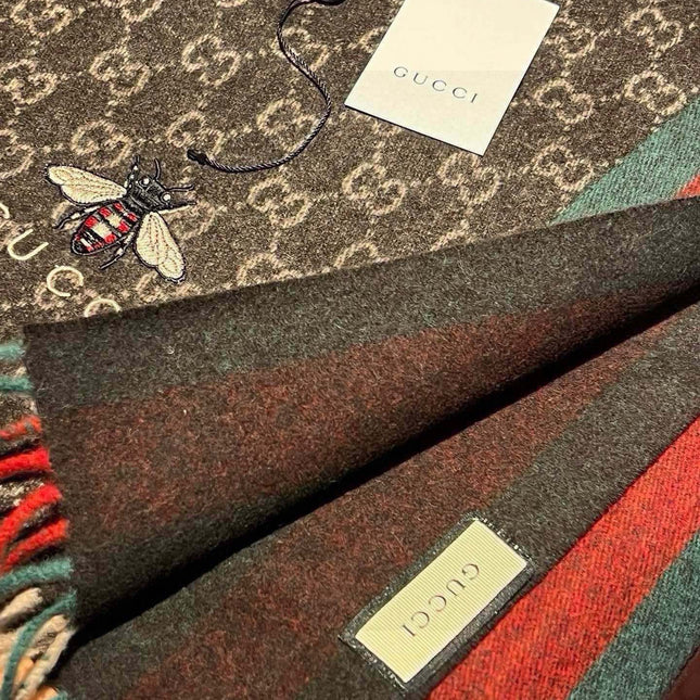 SCARF 180 CM IN CAROB BROWN CASHMERE WITH BEE PATTERN 396475