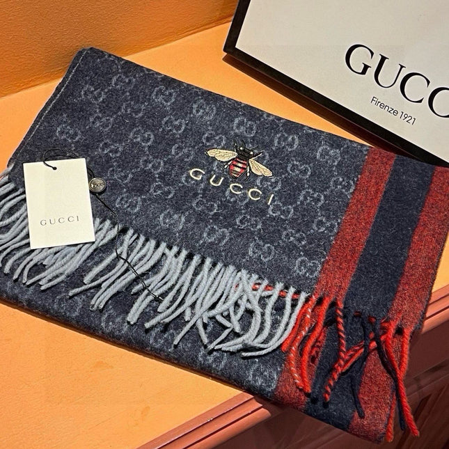 SCARF 180 CM IN NAVY BLUE CASHMERE WITH BEE PATTERN 396476