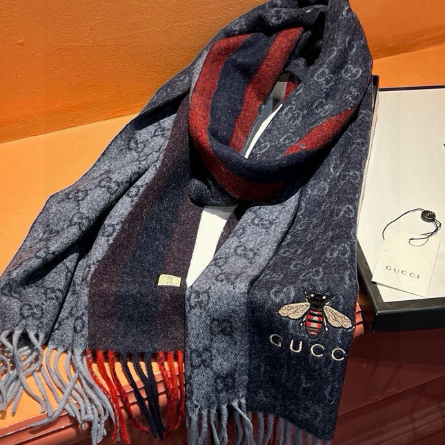 SCARF 180 CM IN NAVY BLUE CASHMERE WITH BEE PATTERN 396476