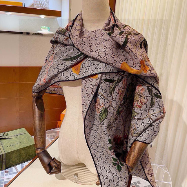 SCARF 180 CM IN KHAKI BROWN MONOGRAM CASHMERE 405276