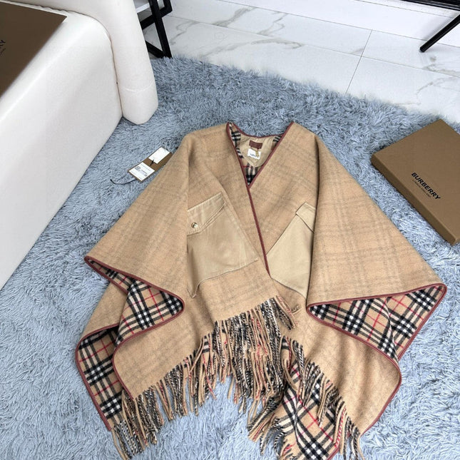 CHECK CAPE IN SAND BROWN WOOL 410154