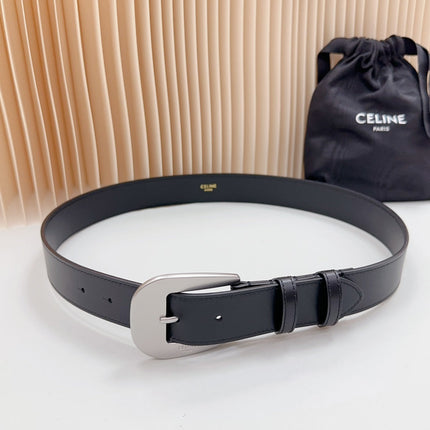 LARGE WESTERN 35 MM BELT BLACK CALFSKIN SILVER HARDWARE