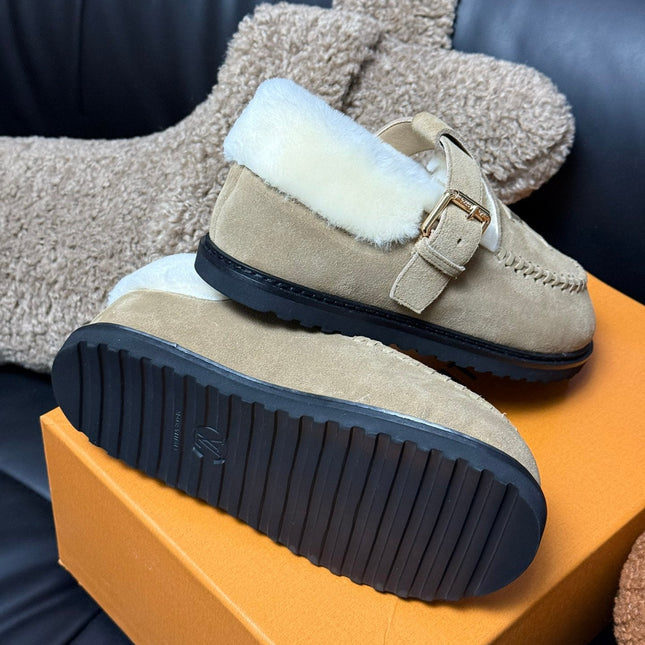 COLORADO COMFORT MARY JANE IN KHAKI BROWN SUEDE AND SHEARLING LINING