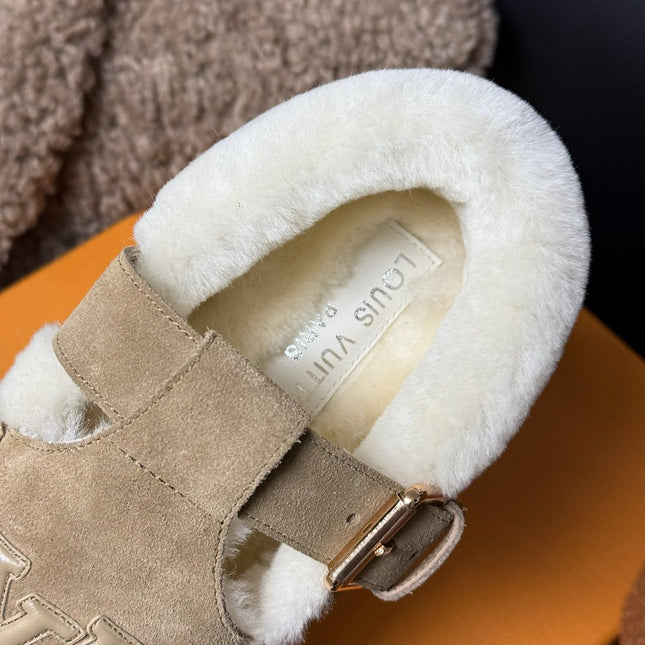 COLORADO COMFORT MARY JANE IN KHAKI BROWN SUEDE AND SHEARLING LINING