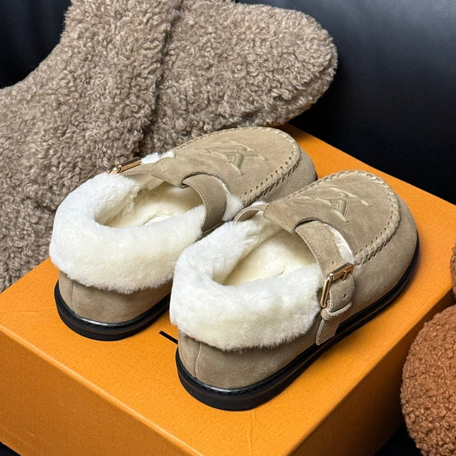 COLORADO COMFORT MARY JANE IN KHAKI BROWN SUEDE AND SHEARLING LINING