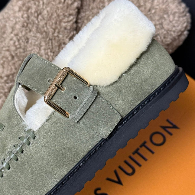 COLORADO COMFORT MARY JANE IN BASIL GREEN SUEDE AND SHEARLING LINING