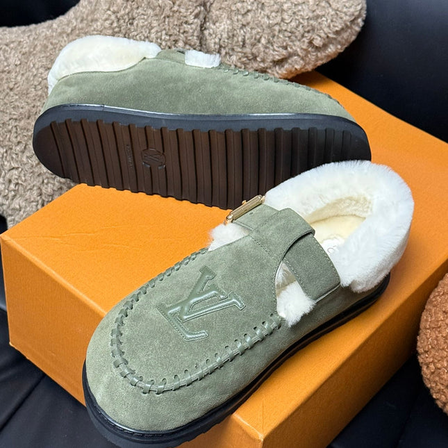COLORADO COMFORT MARY JANE IN BASIL GREEN SUEDE AND SHEARLING LINING