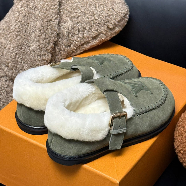 COLORADO COMFORT MARY JANE IN BASIL GREEN SUEDE AND SHEARLING LINING
