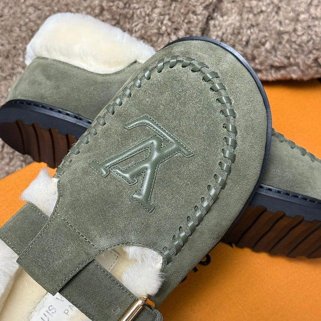 COLORADO COMFORT MARY JANE IN BASIL GREEN SUEDE AND SHEARLING LINING