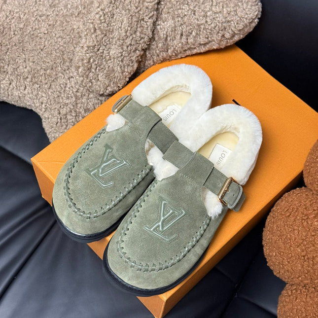 COLORADO COMFORT MARY JANE IN BASIL GREEN SUEDE AND SHEARLING LINING