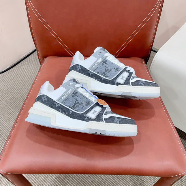 LV TRAINER SNEAKER IN DOVE GRAY MONOGRAM DENIM