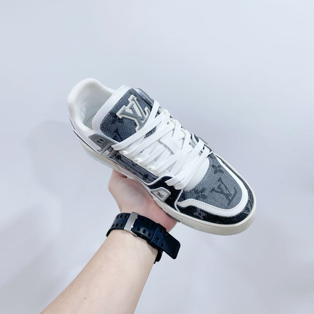 LV TRAINER SNEAKER IN DOVE GRAY MONOGRAM DENIM
