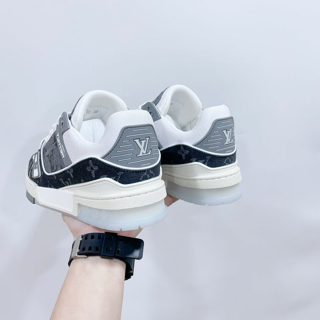 LV TRAINER SNEAKER IN DOVE GRAY MONOGRAM DENIM