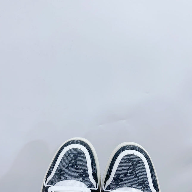 LV TRAINER SNEAKER IN DOVE GRAY MONOGRAM DENIM