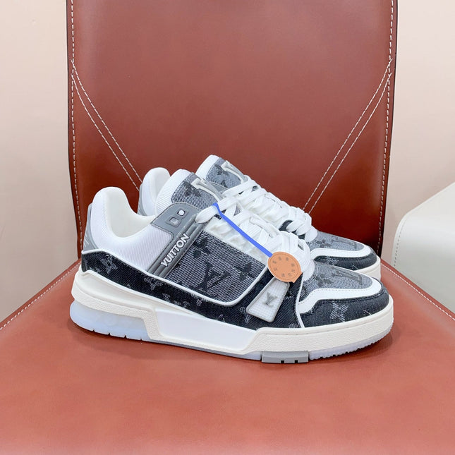 LV TRAINER SNEAKER IN DOVE GRAY MONOGRAM DENIM