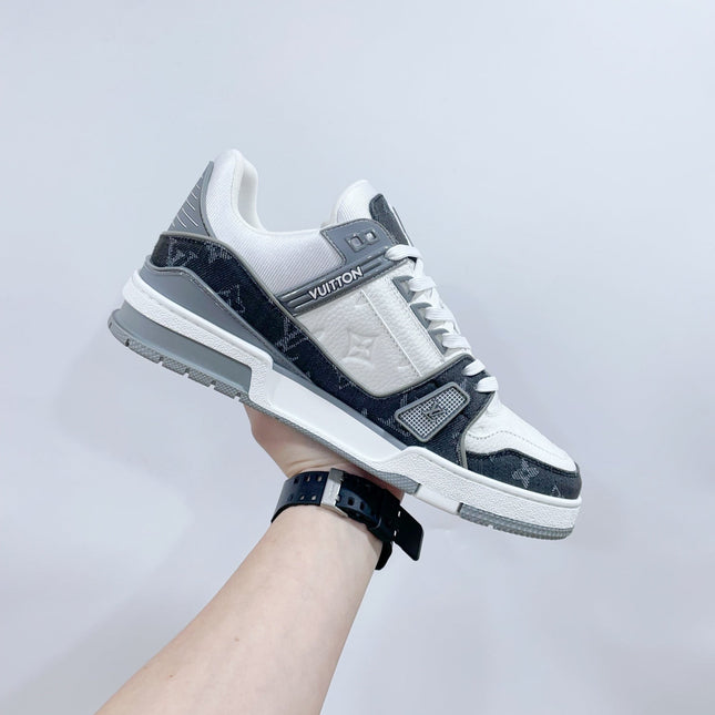 LV TRAINER SNEAKER IN WHITE CALFSKIN AND BLACK MONOGRAM DENIM