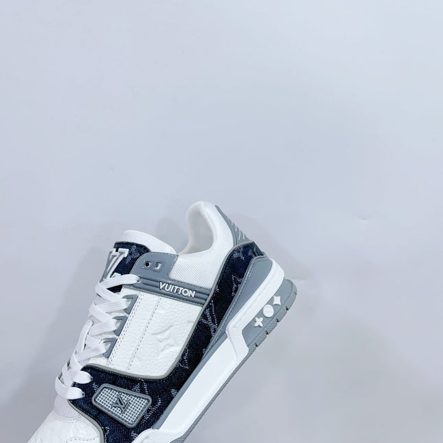 LV TRAINER SNEAKER IN WHITE CALFSKIN AND BLACK MONOGRAM DENIM