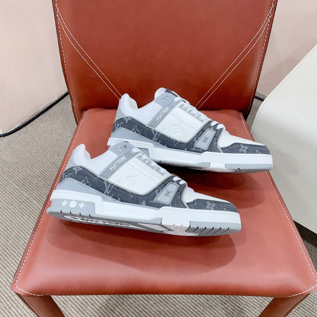 LV TRAINER SNEAKER IN WHITE CALFSKIN AND BLACK MONOGRAM DENIM