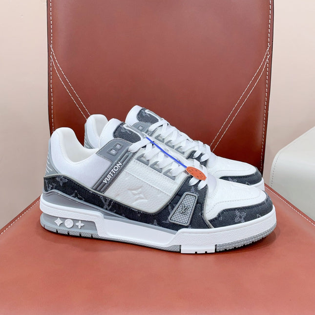 LV TRAINER SNEAKER IN WHITE CALFSKIN AND BLACK MONOGRAM DENIM