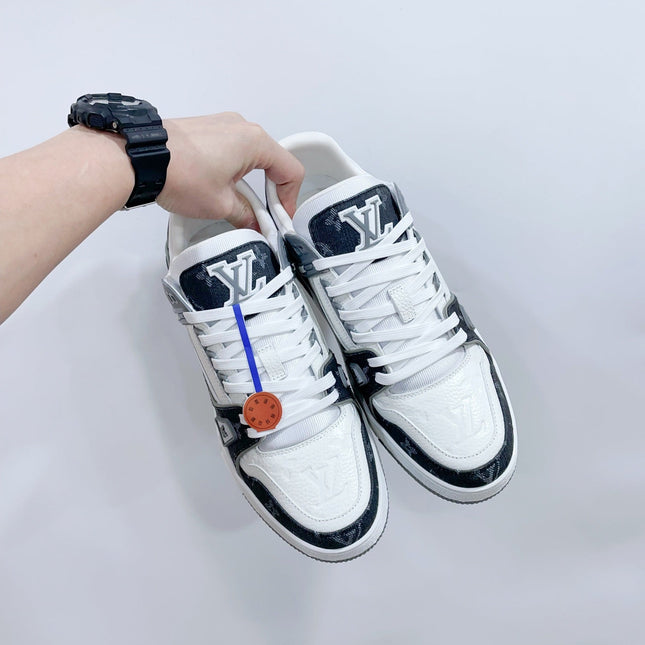 LV TRAINER SNEAKER IN WHITE CALFSKIN AND BLACK MONOGRAM DENIM