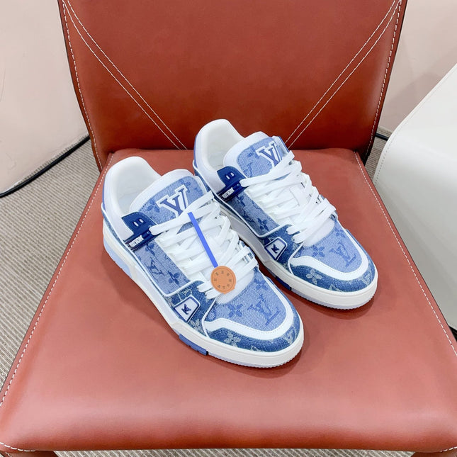 LV TRAINER SNEAKER IN CERULEAN BLUE MONOGRAM DENIM