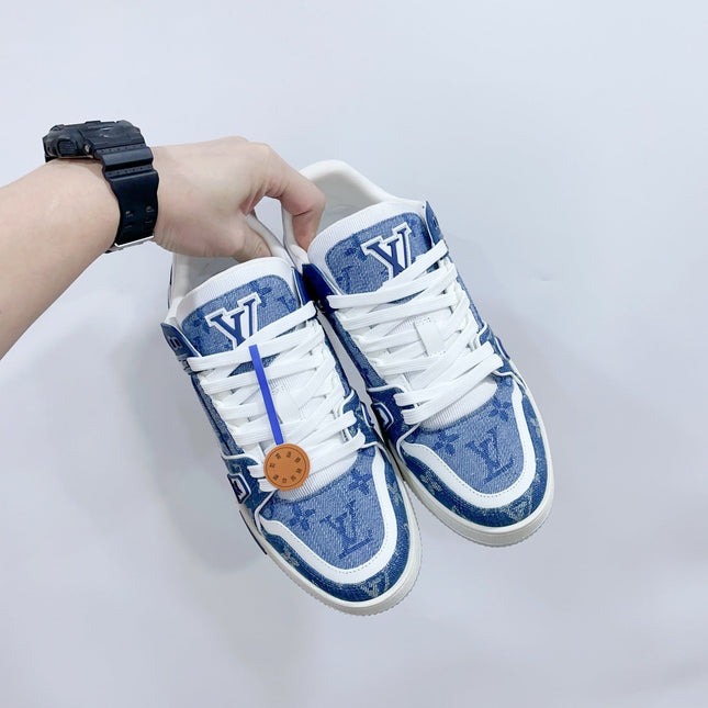 LV TRAINER SNEAKER IN CERULEAN BLUE MONOGRAM DENIM