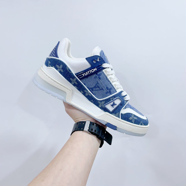 LV TRAINER SNEAKER IN CERULEAN BLUE MONOGRAM DENIM