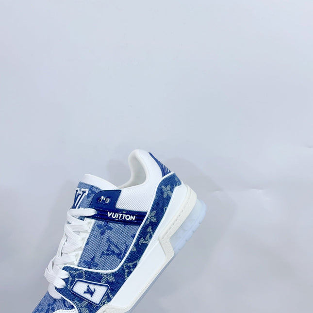 LV TRAINER SNEAKER IN CERULEAN BLUE MONOGRAM DENIM