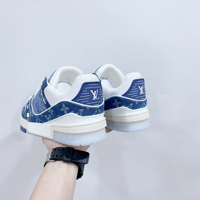 LV TRAINER SNEAKER IN CERULEAN BLUE MONOGRAM DENIM