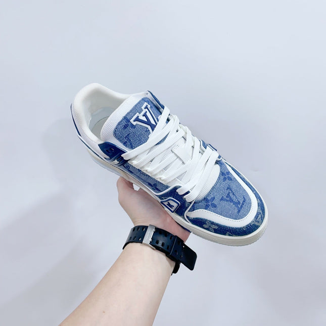LV TRAINER SNEAKER IN CERULEAN BLUE MONOGRAM DENIM