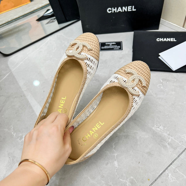 BALLET FLAT 10 MM IN WHITE MIX BEIGE RAFFIA
