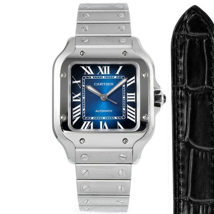 SANTOS MEDIUM MODEL DE CARTIER WATCH SILVER CASE WITH NAVY BLUE DIAL
