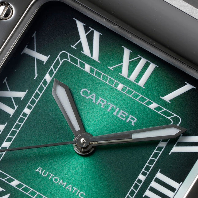 SANTOS MEDIUM MODEL DE CARTIER WATCH SILVER CASE WITH GREEN FOREST DIAL