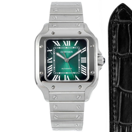 SANTOS MEDIUM MODEL DE CARTIER WATCH SILVER CASE WITH GREEN FOREST DIAL