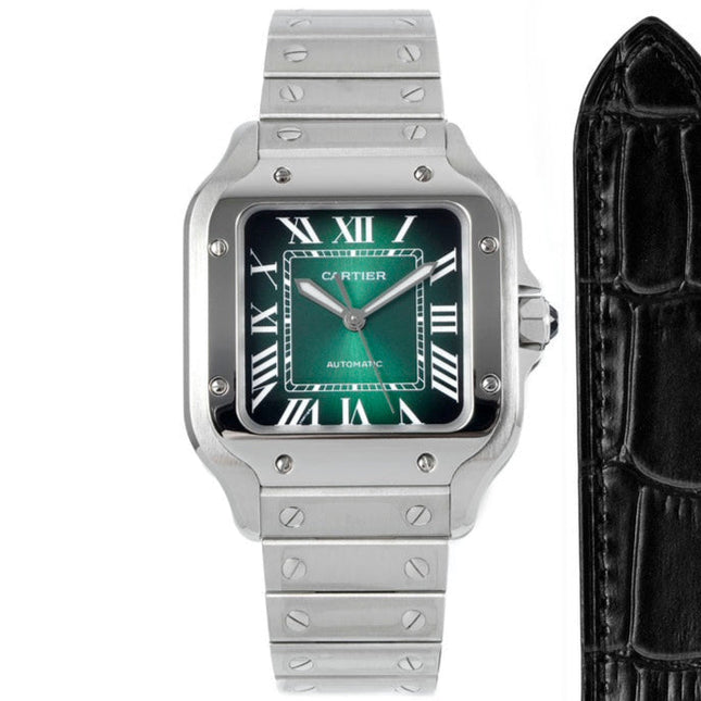 SANTOS MEDIUM MODEL DE CARTIER WATCH SILVER CASE WITH GREEN FOREST DIAL