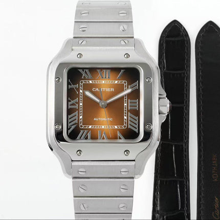 SANTOS MEDIUM MODEL DE CARTIER WATCH SILVER CASE WITH PEANUT BROWN DIAL