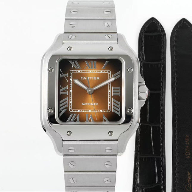 SANTOS MEDIUM MODEL DE CARTIER WATCH SILVER CASE WITH PEANUT BROWN DIAL
