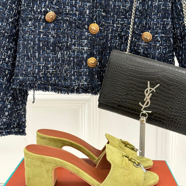 HIGH HEELS IN MOSS YELLOW SUEDUE AND LAMBSKIN