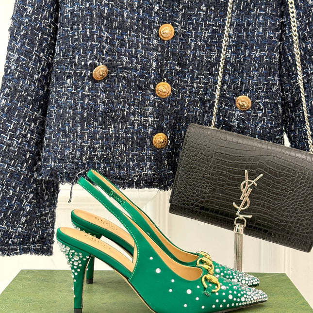 HIGH SLINGBACK 8.5 CM IN GREEN FABRIC WITH RHINESTONE EMBELLISHMENTS