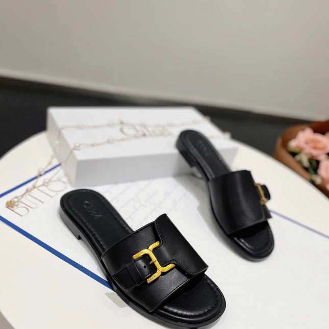 MARCIE SLIDE IN BLACK CALFSKIN WITH GOLD HARDWARE